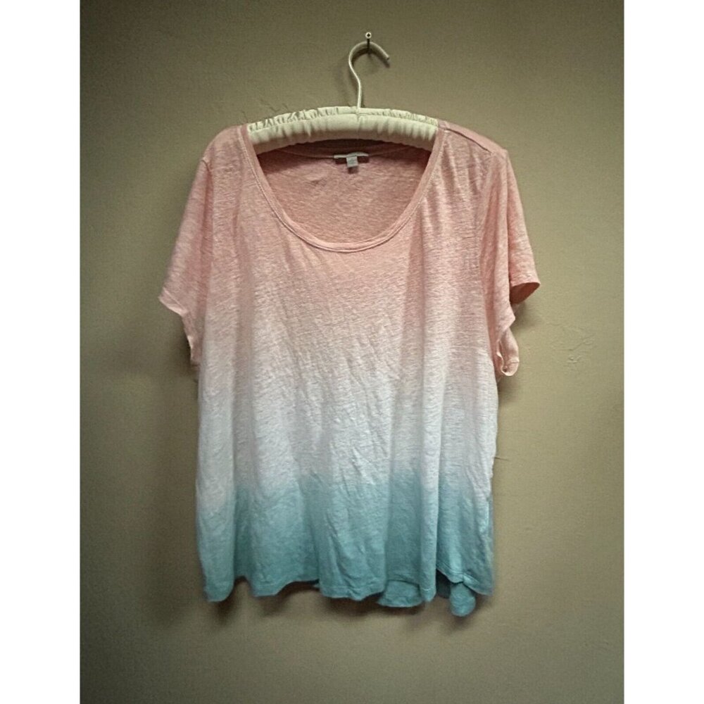 Pure Collection Top Women's Linen Short Sleeve T-Shirt Size 20 Ombre Pink Blue